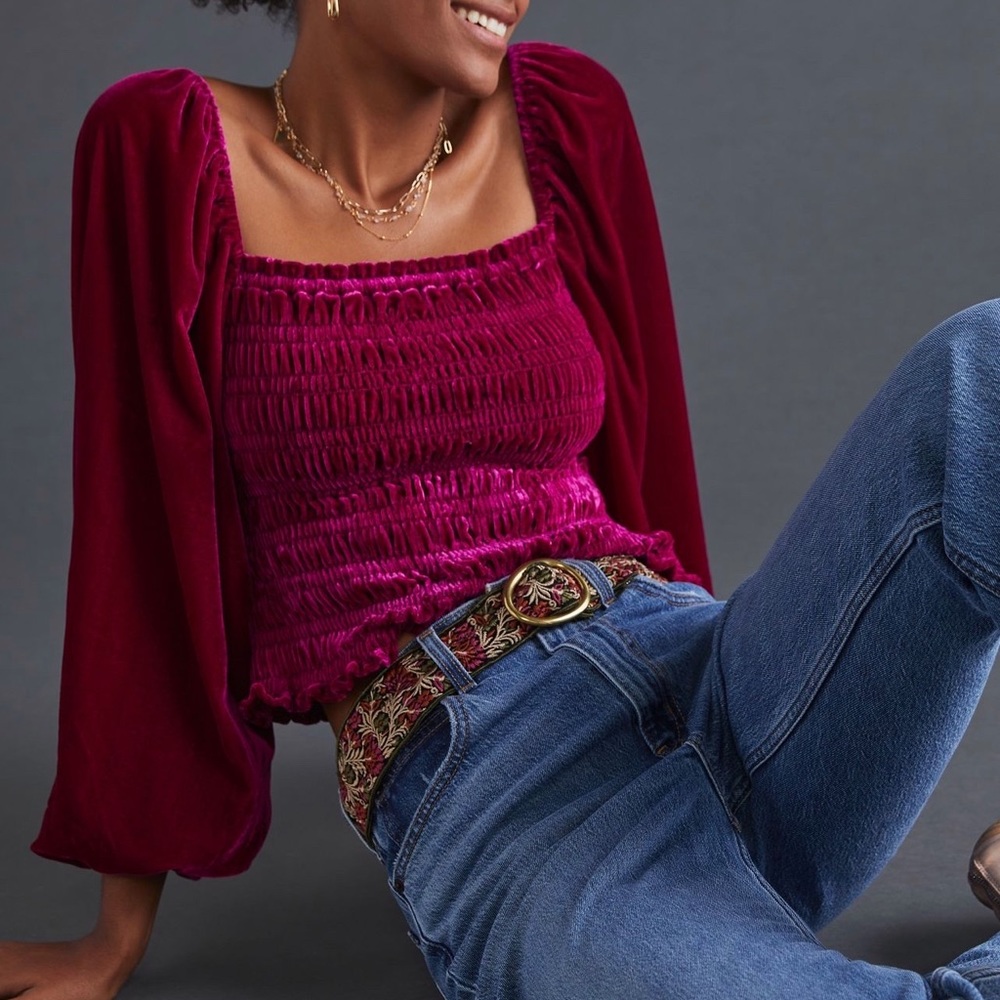 Puff-Sleeved Velvet Blouse